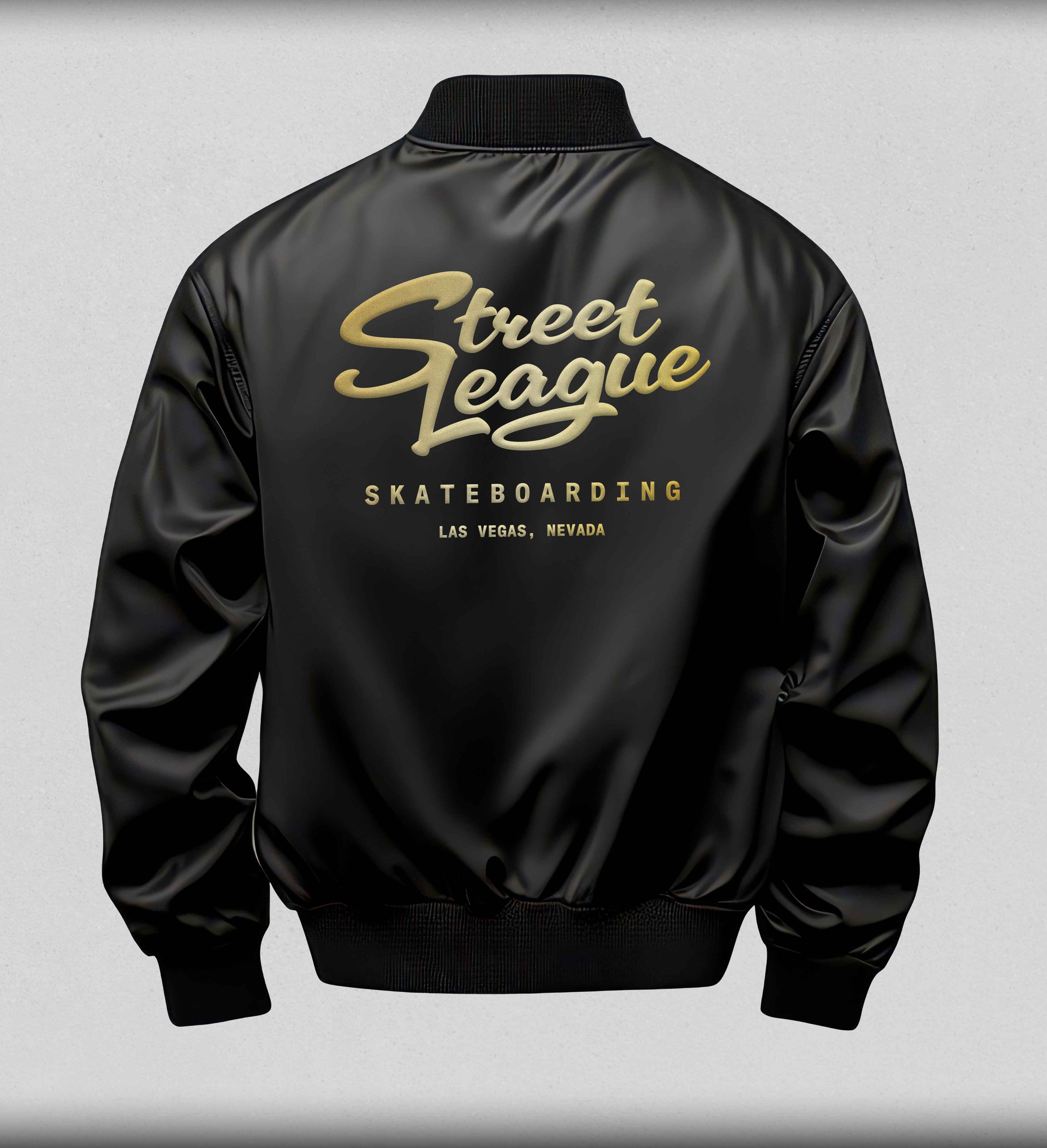 SLS Vegas Satin Bomber Jacket black and gold - Street League Skateboarding