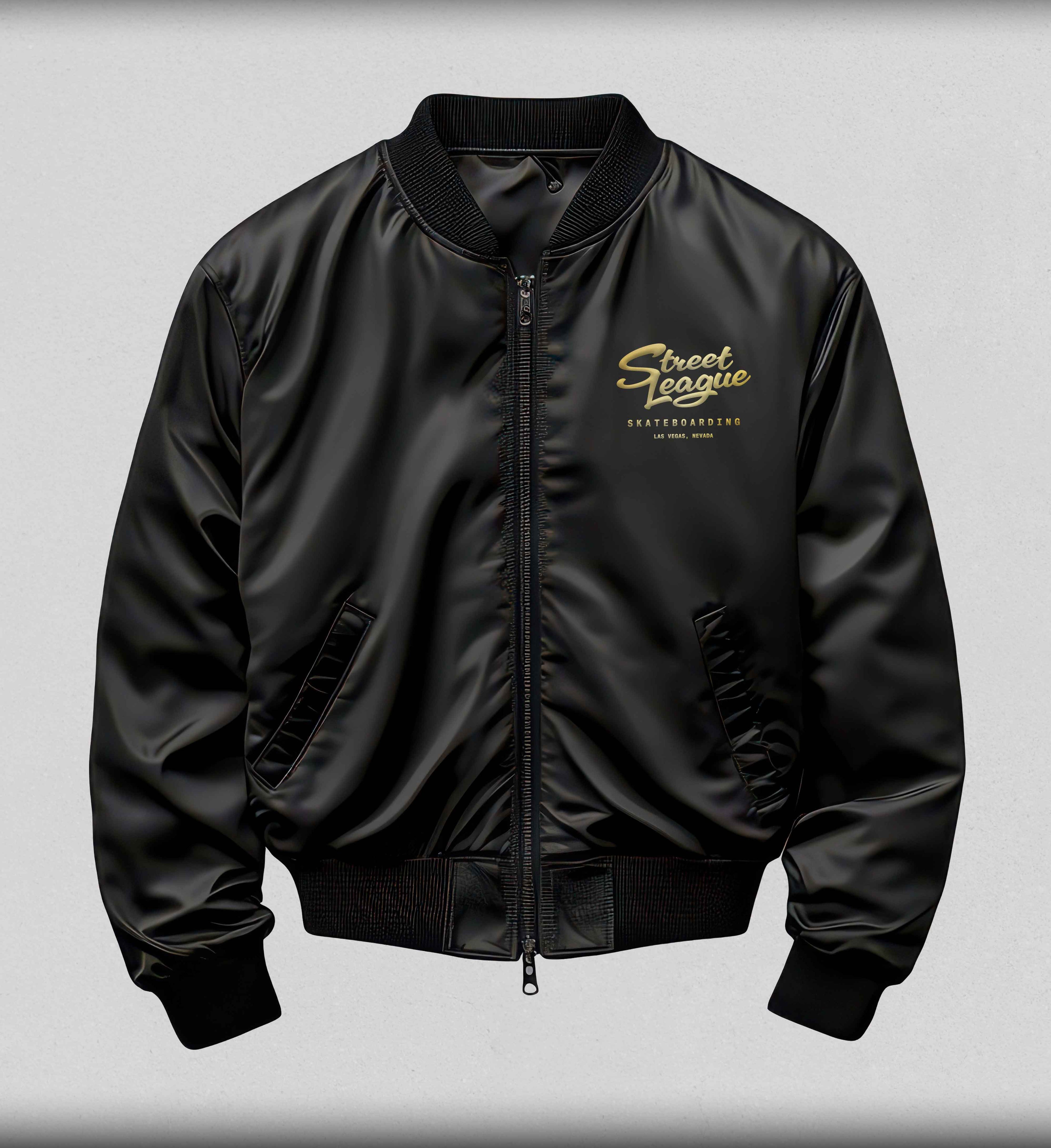 SLS Vegas Satin Bomber Jacket black and gold - Street League Skateboarding