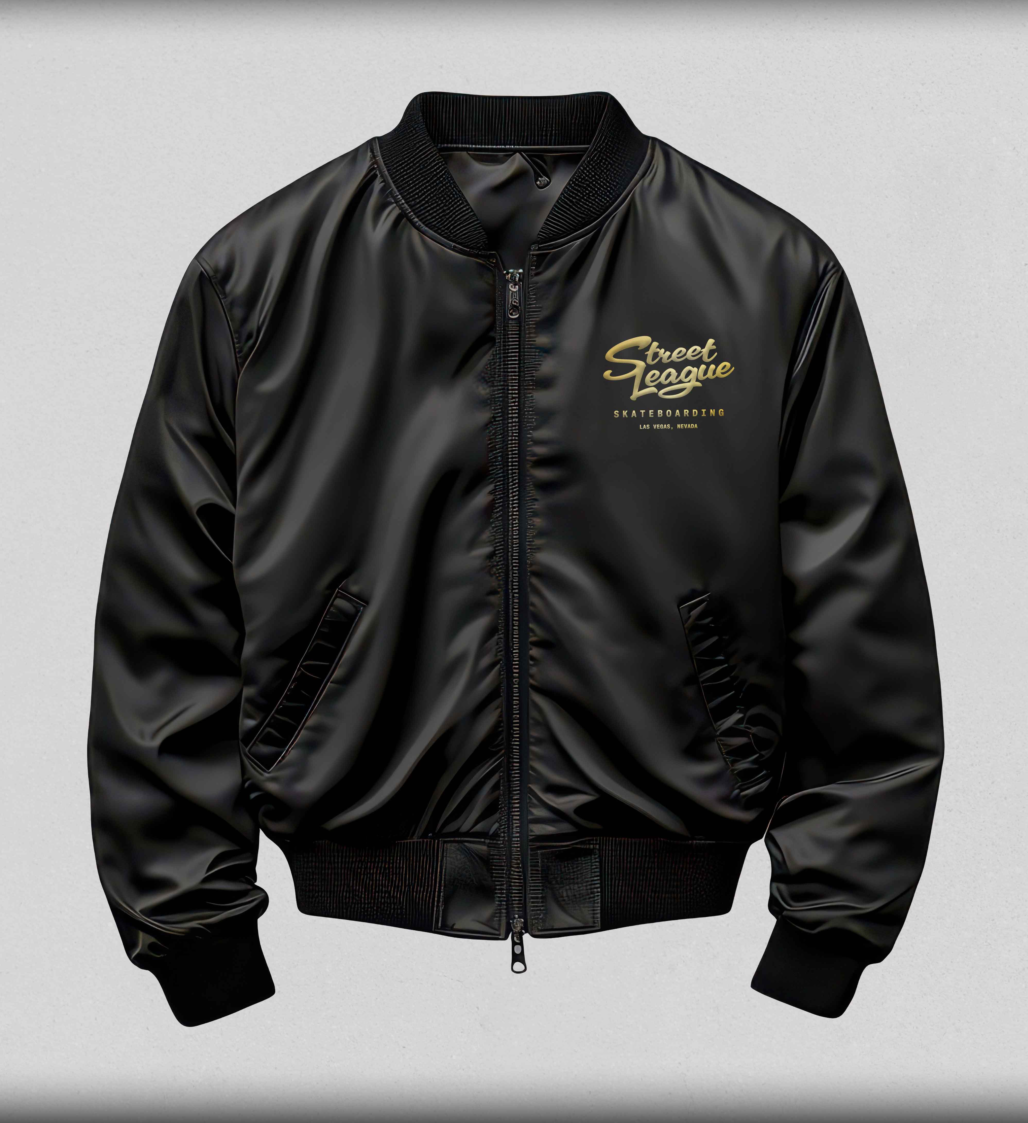 SLS Vegas Satin Bomber Jacket black and gold - Street League Skateboarding